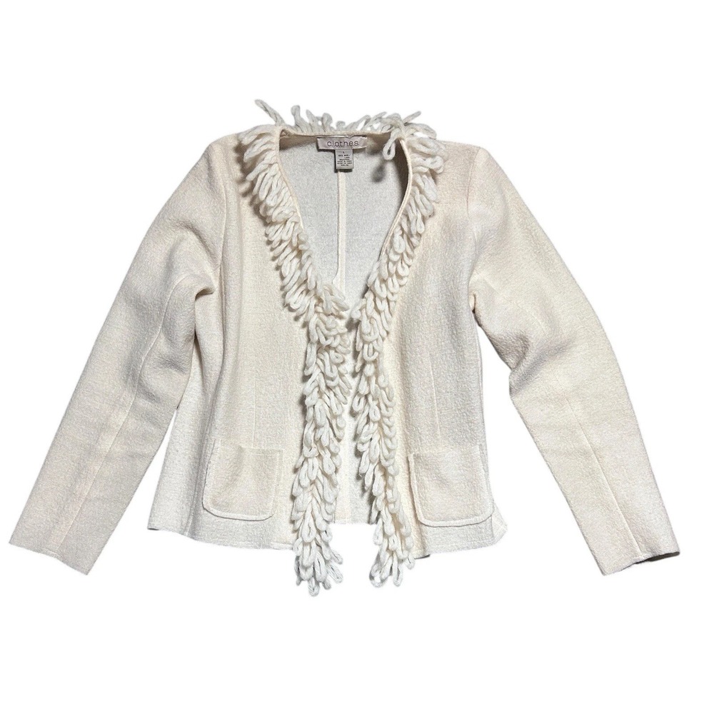 c.l.o.t.h.e.s. 100% Wool Cream Fringe Cardigan L Shaggy Artsy Y2K Textured Boho‎